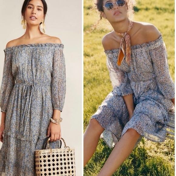 Anthropologie Dress Cottagecore Midi Feminine Peasant Tiered Floral Flounce Blue - Picture 3 of 10